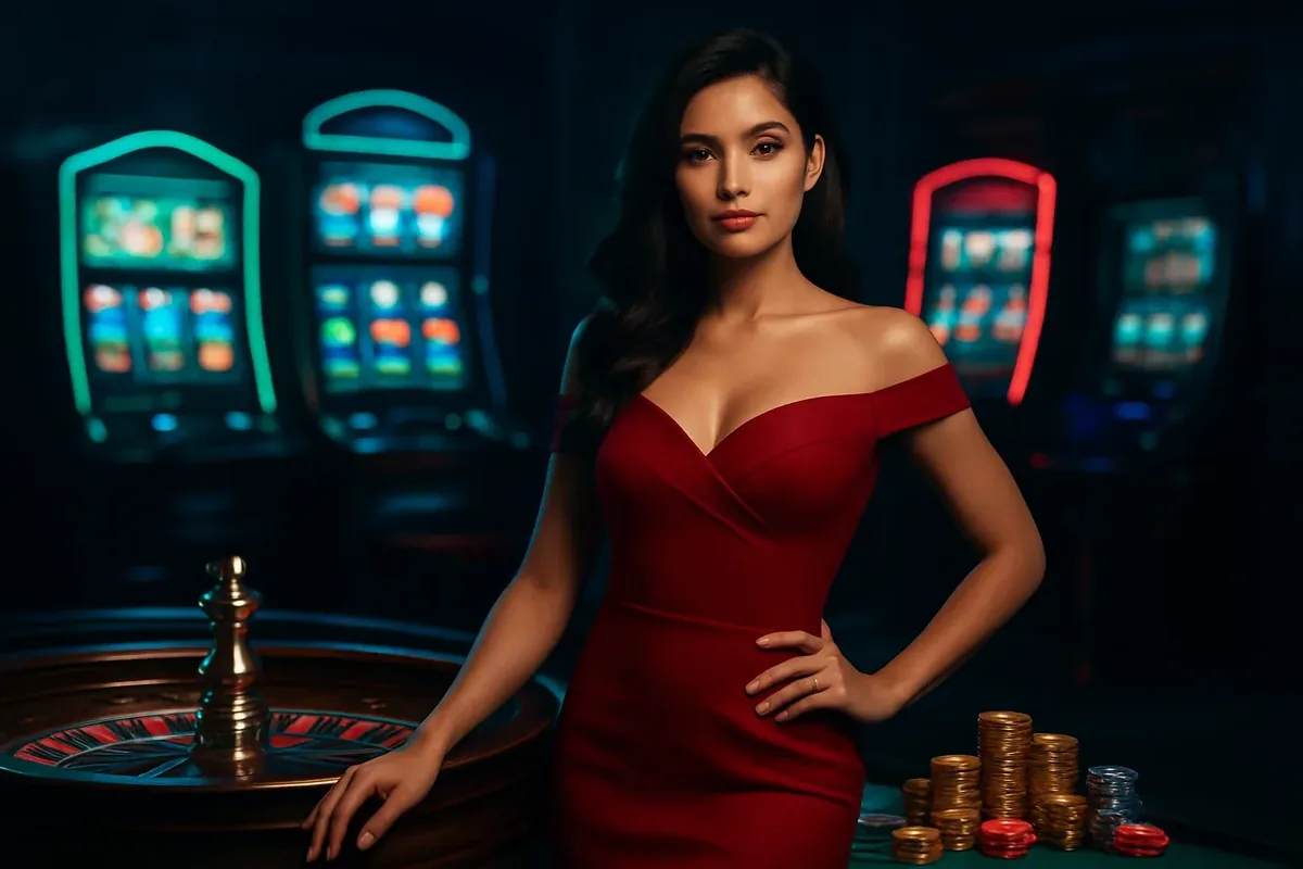 Bangladesh casino homepage banner with woman in red dress, roulette and slots
