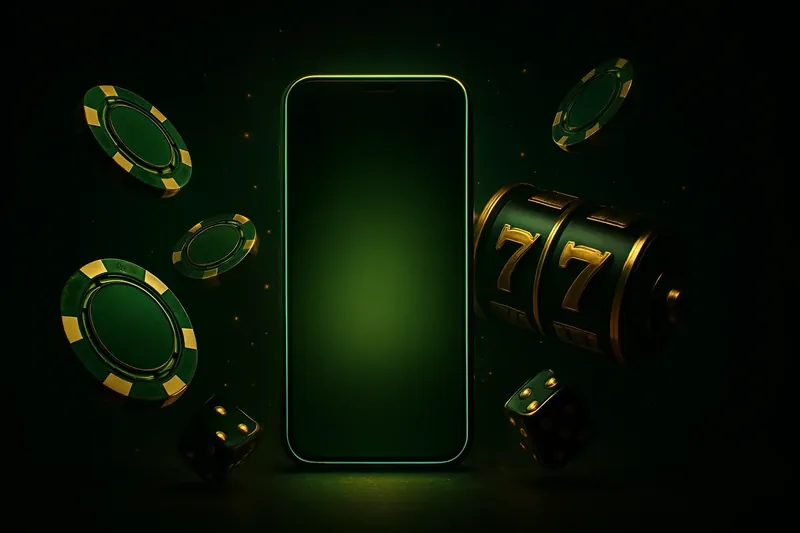 Glowing smartphone surrounded by casino chips, slot reels, and dice